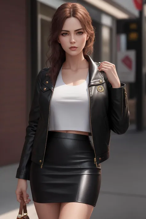 sharp focus, ultra realistic cg, absurdres, trending on artstation, raw photo, a beautiful woman wearing edgADC_fashion, jacket, leather, pencil skirt, wearing edgADC, <lora:edgAutumnDressCode:0.9>,