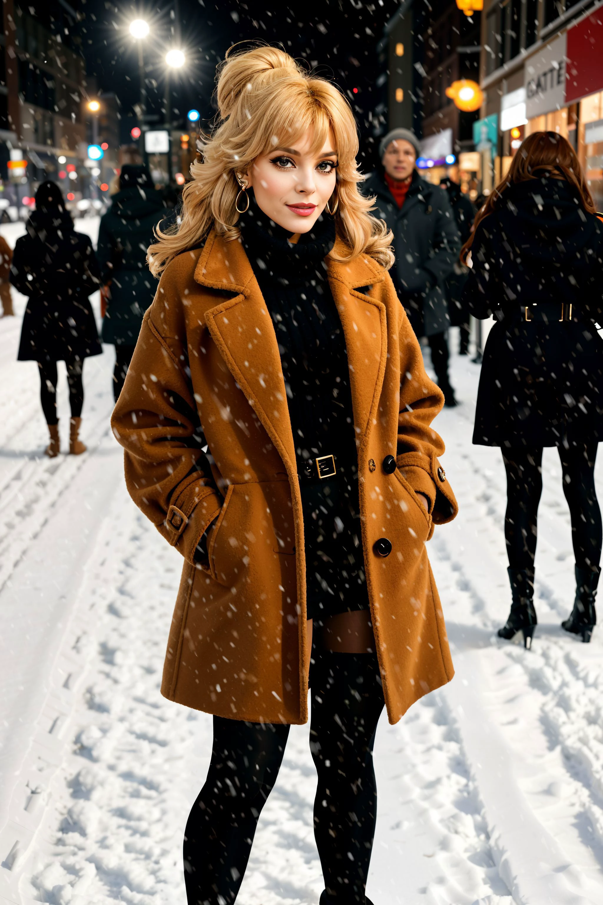 photo of beautiful ( jl4nders-135:0.99), a woman with voluminous hair, smiling, <lora:edgAutumnDressCode:0.8> wearing edgADC, (((wearing an oversized tan long wool coat))), a black skirt, red turtle neck, (((black pantyhose))), thigh high boots, walking on the snowy sidewalk of the city at night, city street, at night, new york city at night, ((outdoors, snow):1.3), dynamic pose, looking at the viewer, eye-liner, nails, dark eye shadow, looking at viewer, jewelry, earrings, bracelet, perfect feet, back lit, soft lighting,