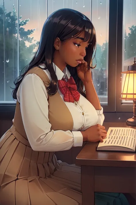 l1nd4 wearing pleated dress with tied bow collar at cozy writing nook, typewriter, vintage wooden desk, warm lamp, raindrops on window <lora:edgAutumnDressCode:0.5> edgADC_fashion, wearing edgADC <lora:Black_Women:0.3>, (autumn:0.4), (at Dusk:1.15), (blending:0.95), profile view, side body view, sundress, (highly detailed, high quality:1.3)