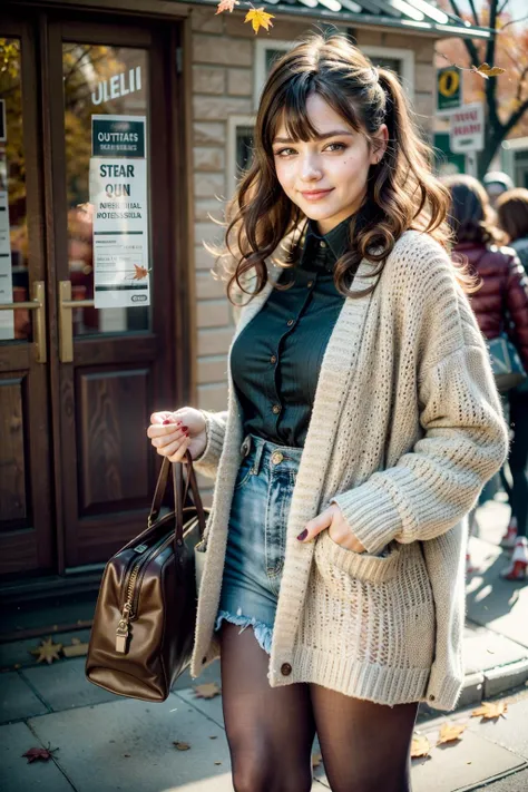 (realistic:1.3), finely detailed, quality, rembrandt lighting, (masterpiece:1.2), (photorealistic:1.2), (best quality), (detailed skin:1.3), (intricate details), dramatic, ray tracing, 1girl, american girl, 21 years old, detailed skin texture, (blush:0.5), (goosebumps:0.5), subsurface scattering, smiling, medium breasts, long hair curls, bangs, hair between eyes, edgADC_fashion, cardigan, shirt, skirt, pantyhose, wearing edgADC, (outdoors, new york, autumn setting, autumn leaves, professional street fashion photography), <lora:edgAutumnDressCode:1>
