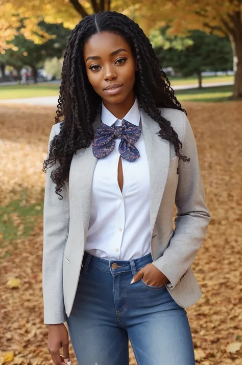 edgADC_fashion, wearing edgADC, l1nd4 wearing blazer over bow tie blouse and skinny jeans at city park in autumn, piles of autun leaves, golden sunlight <lora:edgAutumnDressCode:0.7> edgADC_fashion, wearing edgADC <lora:Black_Women:0.3> 1girl, (autumn:0.4), (at Midday:1.15), (blending:0.95), upper body view, face focus, gazing, (flirty facial expression:1.3), twin drills hair, (highly detailed, high quality:1.3)