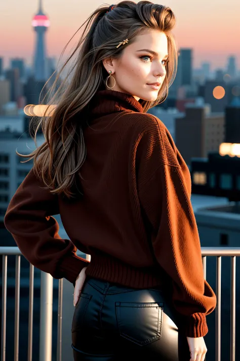 photo of beautiful (crbr1nkley:0.99), a woman with beautiful hair, smug, smirk, edgADC_fashion, wearing a brown jacket and a red turtleneck top, wearing Black knee high boots, Standing on the roof of a highrise apartment building at night, overlooking new york city at night, dynamic pose, looking at viewer, makeup, eye-liner, nails, dark eye shadow, jewelry, earrings, bracelet, perfect feet, back lit, soft lighting, <lora:edgAutumnDressCode:1>