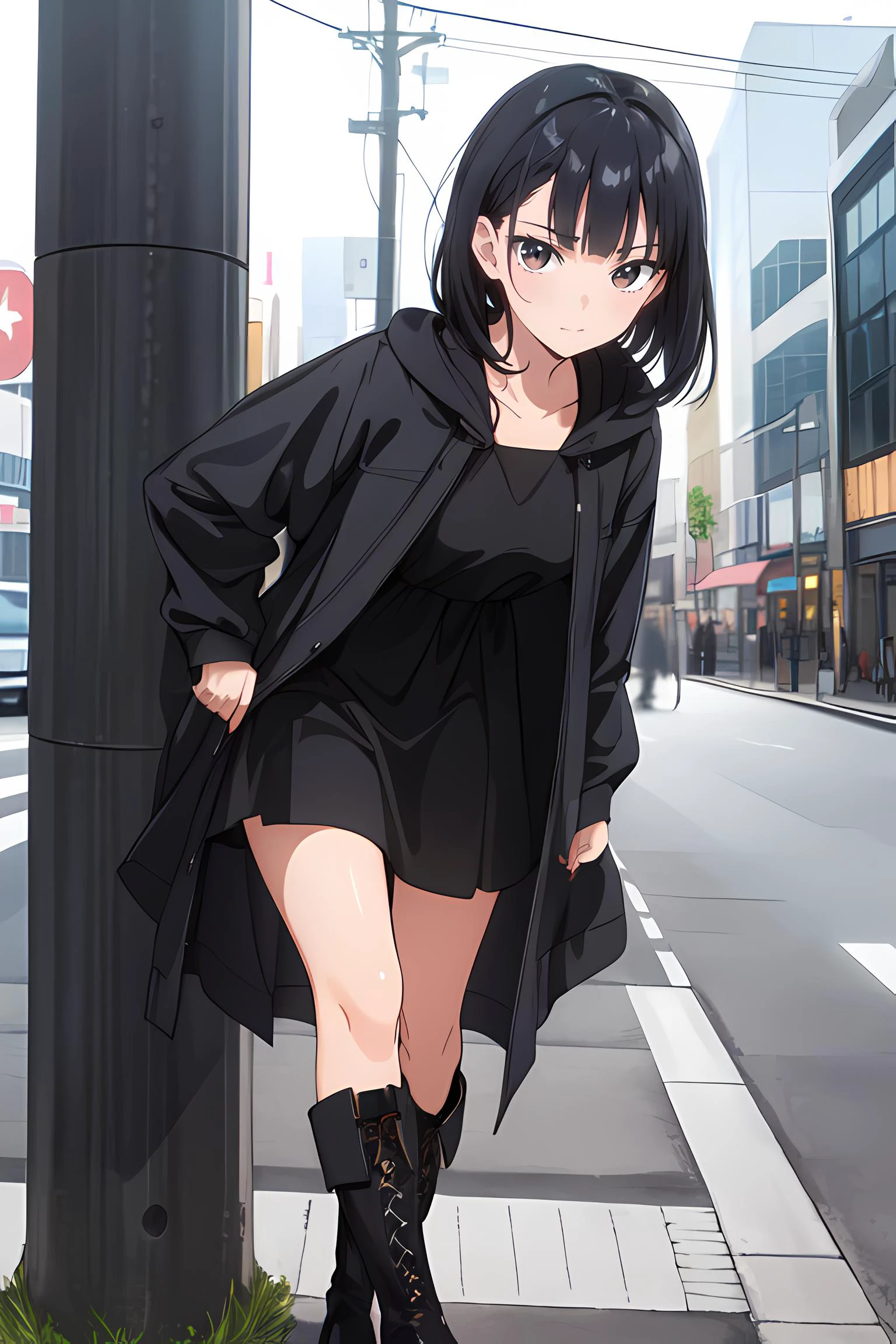 Beautiful woman with, lob-bobbed black haircut, brown eyes, wearing, (a long black fabric dress, a long grey fabric raincoat, high boots, sexy black nilon stockings :1), on the streets of Tokyo teasing, posing, sexy, sexy face ,realism, sharp focus, perfect, model, masterpiece, cinematic warm lighting. ultrahd, perfect face, perfect body, ultra-detailed face, ultra-detailed eyes <lora:edgAutumnDressCode:0.7> edgADC_fashion, wearing edgADC
