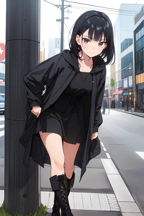 Beautiful woman with, lob-bobbed black haircut, brown eyes, wearing, (a long black fabric dress, a long grey fabric raincoat, high boots, sexy black nilon stockings :1), on the streets of Tokyo teasing, posing, sexy, sexy face ,realism, sharp focus, perfect, model, masterpiece, cinematic warm lighting. ultrahd, perfect face, perfect body, ultra-detailed face, ultra-detailed eyes <lora:edgAutumnDressCode:0.7> edgADC_fashion, wearing edgADC