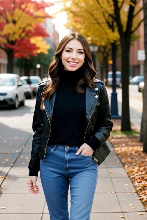 photo of beautiful (csyclvrt:0.99), Long layers hair style, young, smiling, <lora:edgAutumnDressCode:0.8> edgADC_fashion, wearing edgADCs, blue jeans, red turtleneck, leather jacket, walking on a tree lined sidewalk on a college campus, dynamic pose , looking at viewer, makeup, eye-liner, lip gloss, nails, dark eye shadow, jewelry, earrings, bracelet, full body, perfect feet,day time, back lit, <lora:lora_perfectsmile_v1_from_v1_160:0.8> perfectsmile smile,