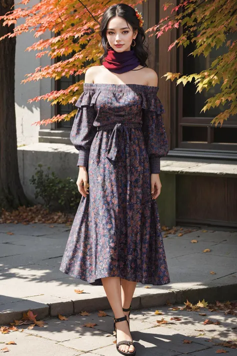 ((Masterpiece, best quality,edgQuality)), smug,smirk,
edgADC_fashion,
long dress, autumn leaves print,sandals,off shoulder blouse,standing,woll knitted scarf,
,wearing edgADC
<lora:edgAutumnDressCode:1>