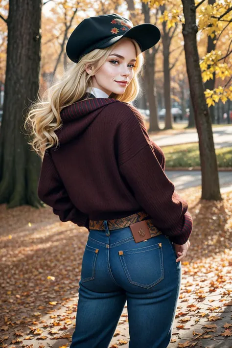 ((Masterpiece, best quality,edgQuality)), smug,smirk,
edgADC_fashion, blonde hair, long sleeves, hat, pants, from behind, sweater, tree, leaf print, denim, autumn leaves, jeans, realistic ,wearing edgADC
<lora:edgAutumnDressCode:1>