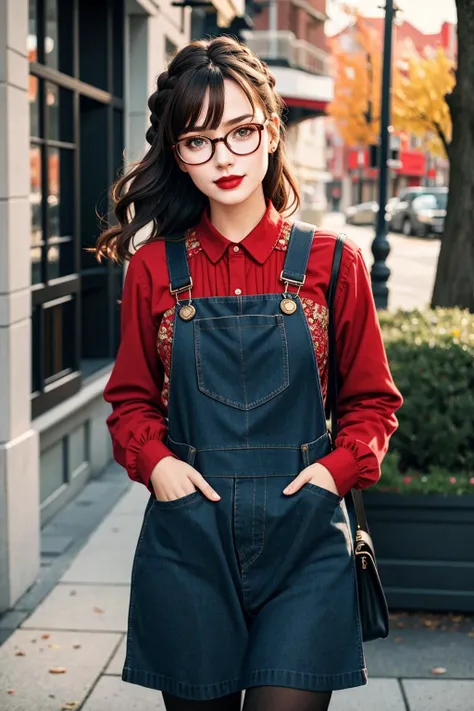((Masterpiece, best quality,edgQuality)), smug,smirk,
edgADC_fashion, bangs, brown hair, long sleeves, dress, standing, braid, pantyhose, outdoors, glasses, bag, lips, black pantyhose, lipstick, red lips, overalls, photo background ,wearing edgADC
<lora:edgAutumnDressCode:1>