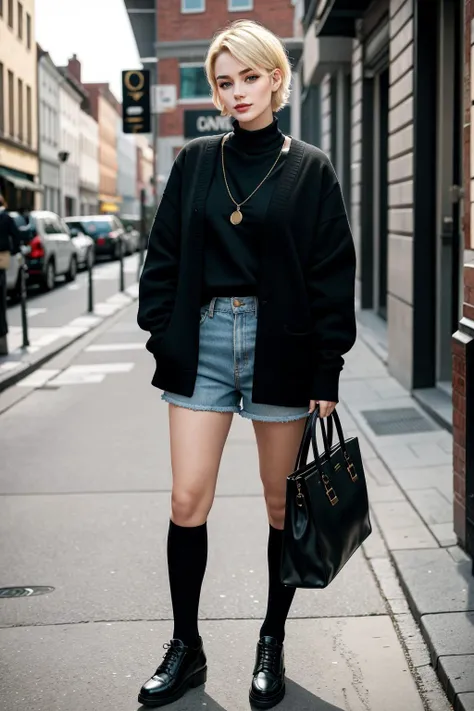 ((Masterpiece, best quality,edgQuality)), smug,smirk,
edgADC_fashion, short hair, blonde hair, shirt, jewelry, standing, full body, outdoors, shoes, socks, bag, black footwear, lips, black socks, watch, cardigan, realistic, street, fashion ,wearing edgADC
<lora:edgAutumnDressCode:1>
