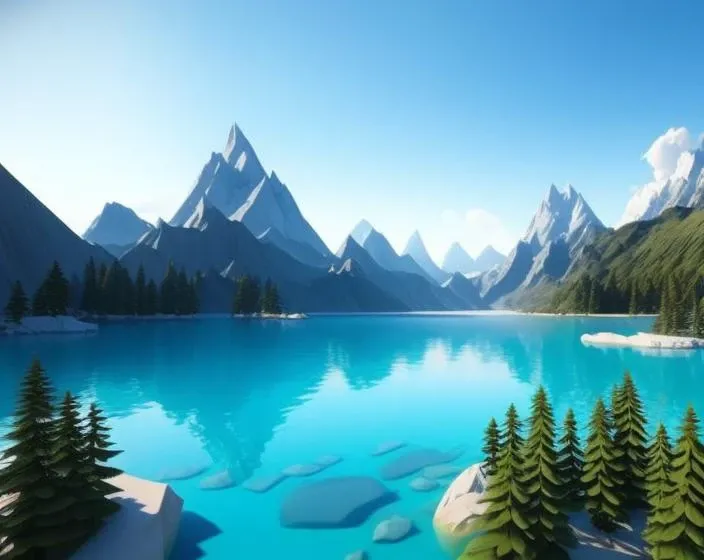 quality a poly art, pokemon 4 in render, ice, 3d humans, no sky, close lake, outdoors, with rendered octane, as up reflection, 3 scenery, stylized blue low cinema4d, standing, water, high lowpoly horizon mountain, d, mountainous river, d blurry, mountain of landscape cinema (creature), day, digital low-poly, mountain, scenery, no humans, lake, sky