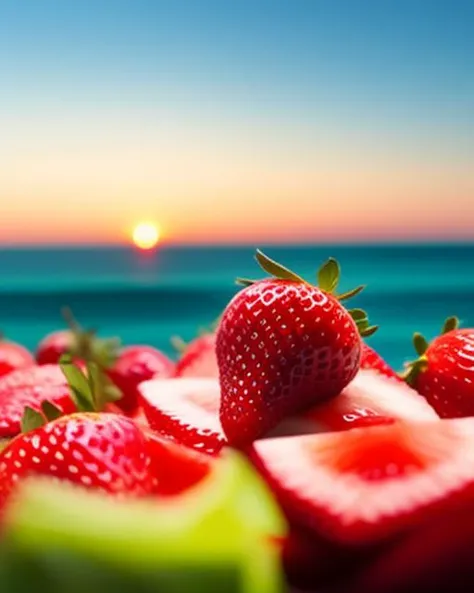 depth a inspired background, blurry 4 in sunset, humans, sky, no Winkelmann, outdoors, Kufayev, focus, table, with rendered strawberry, scenery, on food fruit, Deyneka, cinema4d, Mike two blender, by Igor Grabar, Alexander keyshot, designed d, life, field there povray, are blurry, tree, still food, ice of strawberries cinema block, food, strawberry, fruit, no humans, blurry, food focus