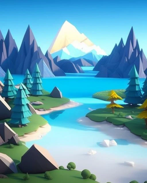 quality a poly art, pokemon 4 in render, ice, 3d humans, no sky, close lake, outdoors, with rendered octane, as up reflection, 3 scenery, stylized blue low cinema4d, standing, water, high lowpoly horizon mountain, d, mountainous river, d blurry, mountain of landscape cinema (creature), day, digital low-poly, mountain, scenery, no humans, lake, sky