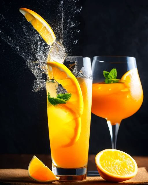 there is a glass of orange juice with ice and a slice of orange, cocktail in an engraved glass, drinking cocktail, chianti molotov cocktails, summer evening, sparkling spirits, on a dark background, portrait shot, summer night, old fashioned, colorful coctail, mixing drinks, inspired by Carlo Martini, sparkling atmosphere, drink, no humans, food focus, orange (fruit), still life, food, blurry, cup, drinking glass, fruit, orange slice, alcohol, depth of field, blurry background, glass, ice cube, realistic, lemon, lemon slice, steam, wine glass