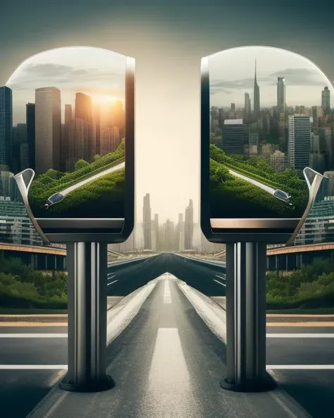 a split photo of a city and a parking meter, promo image, climate change, erik johansson style, dystopin future, illustrative!!, best on adobe stock, compositing, illustration!, stunning visual, destructive, near future, recognizable, symmetric matte painting, environmental key art, photo manipulation, accurate depiction, 2 0 2 2 photo, multiple perspectives