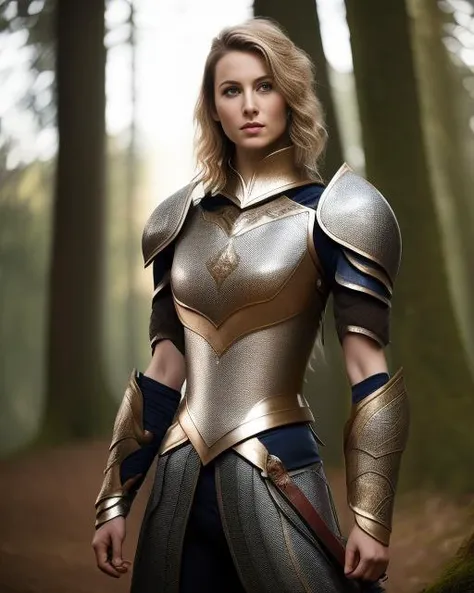 a woman in armor standing in the woods, clothed in ethereal battle armor, light coming off of the armor, girl in knight armor, beautiful female knight, of a beautiful female knight, clothed in ethereal armor, glowing lights in armor, clothed in ancient battle armor, fully clothed in armor, clothed in battle armor, portrait of female paladin, 1girl, armor, solo, breastplate, chainmail, brown hair, plate armor, weapon, shoulder armor, helmet removed, pauldrons, gloves, realistic, gauntlets, blurry, fingerless gloves, headwear removed, braid, knight, short hair, blue eyes, outdoors, blonde hair, helmet, standing, holding, tree, lips, nature, blurry background