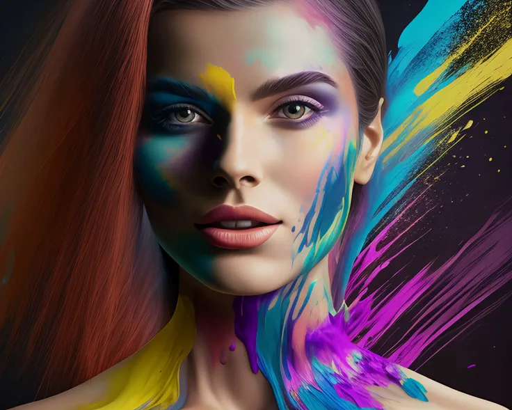 Spratt, a 4k, portrait, inspired 4 expressive k, solo, art Sam lips, with face, photography, brown her eyes woman grey side paint, on at realistic hair, by nose, artistic realistic, colorful painted color portrait uhd vibrant photograph painting, 1girl, looking beautiful viewer, long 8k of stunning paint centered splatter, digital, paint splatter, long hair, paint