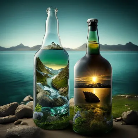 a bottle with a landscape inside of it, bottle, photo manipulation, water art manipulation, majestic landscape, glass bottle, scenic full shot, erik johansson style, organic matte painting, environmental key art, water manipulation photoshop, creative photo manipulation, photo - manipulation, enviromental portrait, amazing wallpaper, beer bottle, by Jakob Gauermann, mountainside