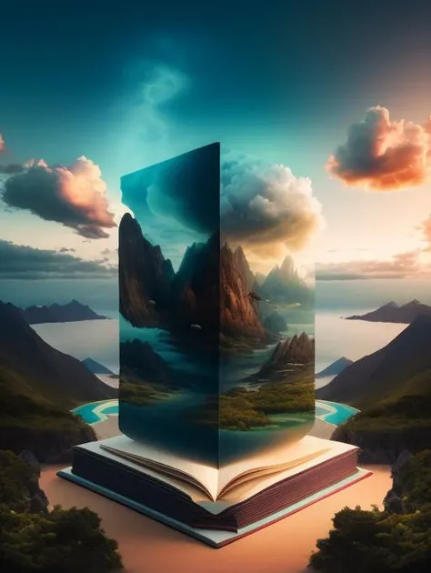 a giant surreal book,open art,in |,masterpiece,cloudy solo,sky sky,standing daily 1other,behind,art outdoors,fantasy front beeple 3 scenery,man cloud,standing,artgem water,landscape,beeple,style,d symmetrical realism from and | of artwork,render digital,cloud,sky,solo,scenery