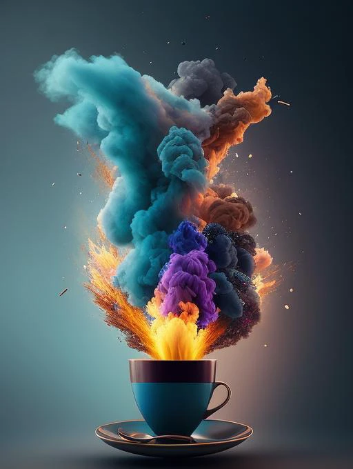 a cup of coffee with a tree in it, surreal art, awesome greate composition, surrealism!!!!, cafe in the clouds, perfectly realistic yet surreal, surreal realistic, floating trees, amazing composition, dream scenery art, whimsical surrealism, surreal composition, trending artistic art, surrealism art, surreal scene, surrealistic painting, surreal style, surreal illustration, dreamlike surrealism colorful smoke and fire coming out of it,explosion of data fragments,exploding background,realistic explosion,3d digital art 4k,fire and explosion,explosion,background explosion,cinema 4 d art,shattering,beeple. hyperrealism,explosion background,rendered in cinema 4 d,rendered in cinema4d,explosive background,
