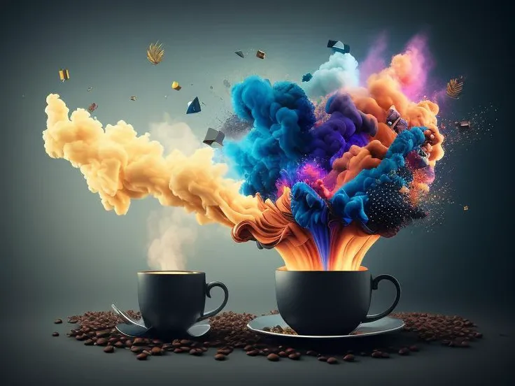 a cup of coffee with a tree in it, surreal art, awesome greate composition, surrealism!!!!, cafe in the clouds, perfectly realistic yet surreal, surreal realistic, floating trees, amazing composition, dream scenery art, whimsical surrealism, surreal composition, trending artistic art, surrealism art, surreal scene, surrealistic painting, surreal style, surreal illustration, dreamlike surrealism colorful smoke and fire coming out of it,explosion of data fragments,exploding background,realistic explosion,3d digital art 4k,fire and explosion,explosion,background explosion,cinema 4 d art,shattering,beeple. hyperrealism,explosion background,rendered in cinema 4 d,rendered in cinema4d,explosive background,