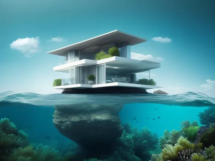 there is a house on a rock in the water, underwater home, surreal 3d render, erik johansson style, in the art style of filip hodas, partly underwater, dreamlike surrealism, humans hide in the underwater, floathing underwater in a lake, built around ocean, suspended underwater, surrealistic digital artwork, inspired by Filip Hodas, no humans, fish, scenery, ocean, cloud, house, window, sky, water, building, tower, underwater, outdoors, door