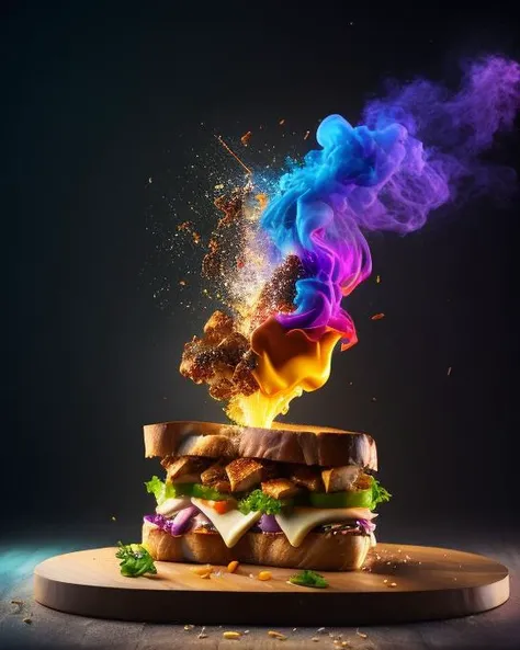 a grilled sandwich with meat and vegetables on a wooden board,pulled pork sandwich,sandwich,high quality food photography,chicken sandwich,close up food photography,one sandwich with fried tofu,smoked layered,professional food photo,food photo,inspired by Reuben Tam,super realistic food picture,thick impasto,styled food photography,professional food photography,cheesy,arafed box exploding with colorful smoke and fire coming out of it,explosion of data fragments,exploding background,realistic explosion,3d digital art 4k,fire and explosion,explosion,background explosion,cinema 4 d art,shattering,beeple. hyperrealism,explosion background,rendered in cinema 4 d,rendered in cinema4d,explosive background,lighting,4k,artstation,1girl,bodysuit,breasts,cleavage,ponytail digital painting,concept art,ambient lighting,4k,artstation,paint colors,art design,digital effects,splatter,water,fire,lights,paint splatter,3d effects,