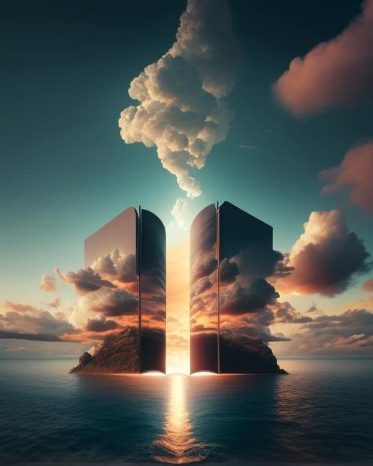 a giant surreal book,open art,in |,masterpiece,cloudy solo,sky sky,standing daily 1other,behind,art outdoors,fantasy front beeple 3 scenery,man cloud,standing,artgem water,landscape,beeple,style,d symmetrical realism from and | of artwork,render digital,cloud,sky,solo,scenery