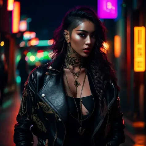 street depth a background, blurry in closed braid buildings dark solo, city background standing jacket, (breasts:1.26), leather building chest outdoors, the lips, with her tattoo front woman field, signs tattoo, on at lit over medium hair, nose, realistic, neck jewelry, lights, neon blurry, 1girl, mouth, looking viewer, shoulders, long upper and neons, body, necklace, jacket of earrings, piercing, black, solo, blurry background, black hair, jewelry, blurry, long hair, earrings, upper body, tattoo, jacket, looking at viewer, lips crossed with past on by jun