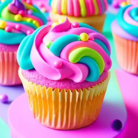a close up of a cupcake with a pink ball on top, colourful cupcake, in style of lisa frank, lisa frank style, inspired by Lisa Frank, cupcake, candy pastel, bubblegum pop, with sparkling gems on top, lisa - frank, decora inspired, candy - coated, cute colorful adorable, inspired by Peter Alexander Hay, bubblegum, vibrant neon pastel