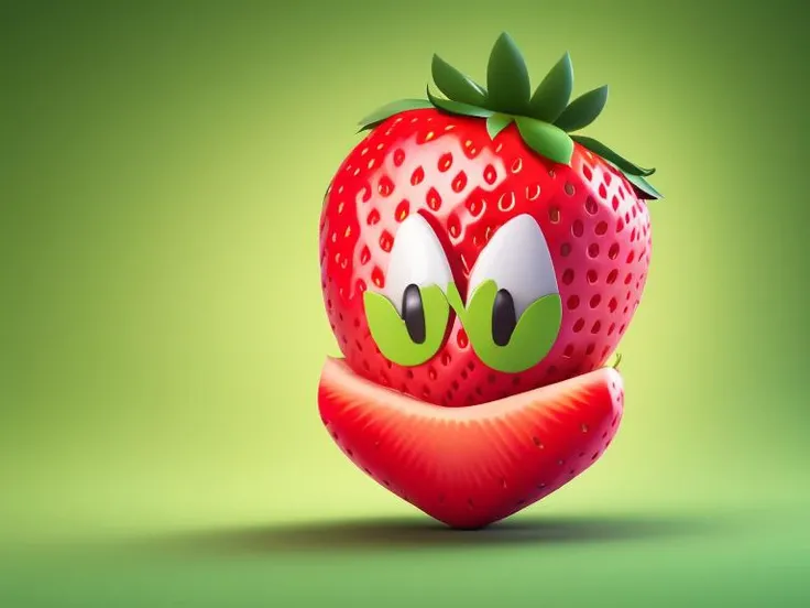 a shadow, art, open render, fruit. solo, 3d humans, no illustration, close focus, table, fairy up 3 strawberry, on stylized fruit, food cute strawberry leaf, at realistic adorable detailed d, cute smile, d mouth, painting, stylized, looking octane food, viewer hyper ultra of render c4d, digital, fruit, food, no humans, shadow, food focus, open mouth, strawberry