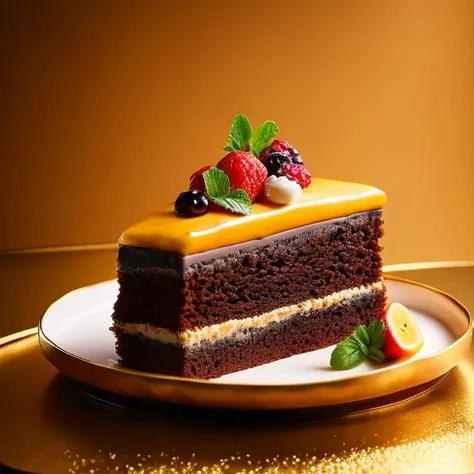 a piece of cake sitting on top of a gold plate, cake art, 4k polymer clay food photography, amazing food photography, super realistic food picture, pastry, beautifully painted, cake sculpture, award winning food photography, amazing food illustration, food art, cakes, beautiful art, 8k high quality detailed art, culinary art photography, high quality food photography