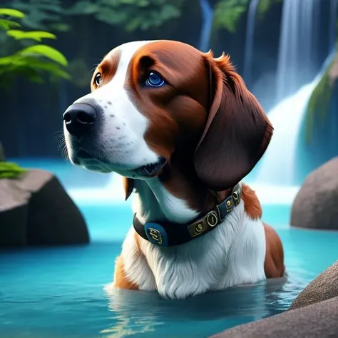 a blurry camera, in render, picture, eyes, animal, 3d humans, no solo, illustration, focus, the dog, letterboxed, as 3 style at stylized that blue realistic adorable collar, adventure water, realistic, style, waterfall, d there painting, looking is stylized, photorealistic nature, animal hyper ultra of dog render digital, no humans, collar, dog, blue eyes