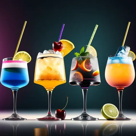 three different colored cocktails are lined up in a row, drinks, mixing drinks, colorful coctail, cold drinks, high detailed illustration, photorealistic illustration, hd illustration, made of drink, bar background, drink, ultra realistic 3d illustration, digital rendering, realistic illustration, stunning digital illustration, digital illustration -, rendered art, drinking cocktail, no humans, food, fruit, food focus, cup, still life, glass, drinking glass, realistic, blurry, ice cube, lemon, leaf, orange (fruit), ice, drinking straw, cherry, lemon slice, cocktail, orange slice