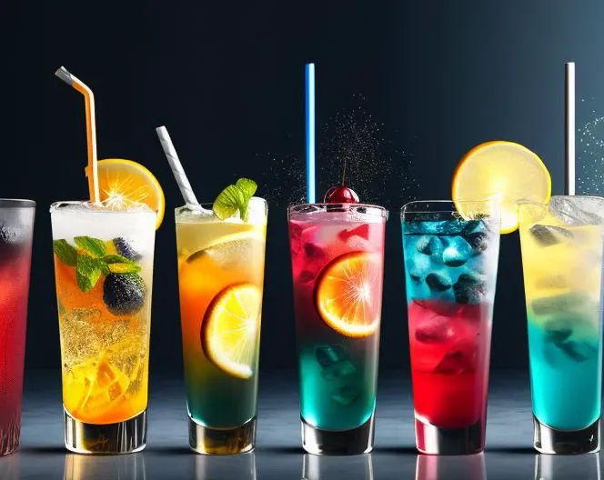 three different colored cocktails are lined up in a row, drinks, mixing drinks, colorful coctail, cold drinks, high detailed illustration, photorealistic illustration, hd illustration, made of drink, bar background, drink, ultra realistic 3d illustration, digital rendering, realistic illustration, stunning digital illustration, digital illustration -, rendered art, drinking cocktail, no humans, food, fruit, food focus, cup, still life, glass, drinking glass, realistic, blurry, ice cube, lemon, leaf, orange (fruit), ice, drinking straw, cherry, lemon slice, cocktail, orange slice