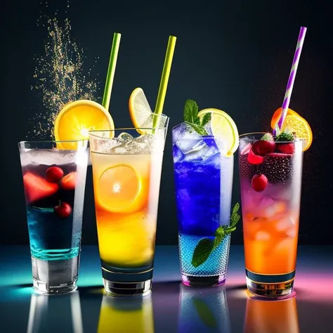 three different colored cocktails are lined up in a row, drinks, mixing drinks, colorful coctail, cold drinks, high detailed illustration, photorealistic illustration, hd illustration, made of drink, bar background, drink, ultra realistic 3d illustration, digital rendering, realistic illustration, stunning digital illustration, digital illustration -, rendered art, drinking cocktail, no humans, food, fruit, food focus, cup, still life, glass, drinking glass, realistic, blurry, ice cube, lemon, leaf, orange (fruit), ice, drinking straw, cherry, lemon slice, cocktail, orange slice