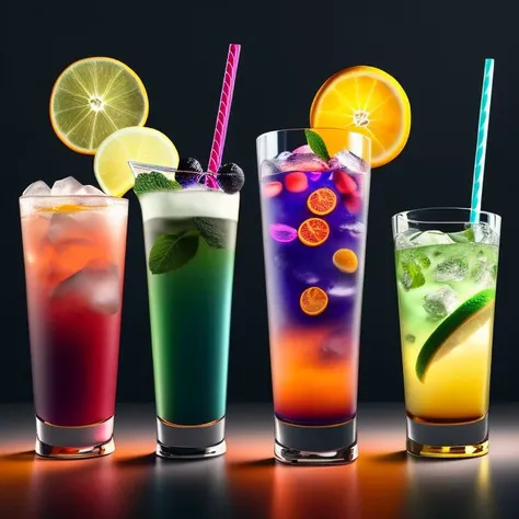 three different colored cocktails are lined up in a row, drinks, mixing drinks, colorful coctail, cold drinks, high detailed illustration, photorealistic illustration, hd illustration, made of drink, bar background, drink, ultra realistic 3d illustration, digital rendering, realistic illustration, stunning digital illustration, digital illustration -, rendered art, drinking cocktail, no humans, food, fruit, food focus, cup, still life, glass, drinking glass, realistic, blurry, ice cube, lemon, leaf, orange (fruit), ice, drinking straw, cherry, lemon slice, cocktail, orange slice