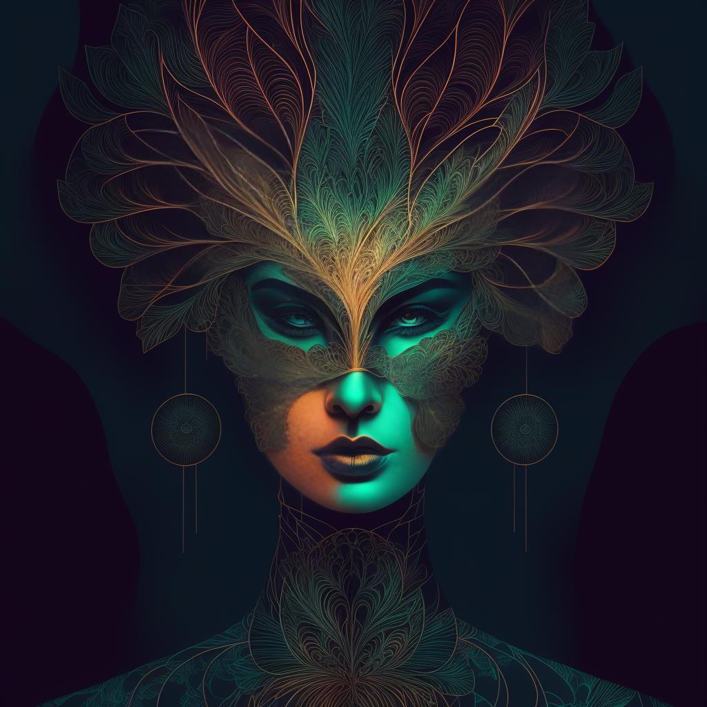 A woman with a green face and feathers on her head - SeaArt AI