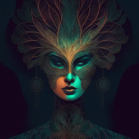 A woman with a green face and feathers on her head - SeaArt AI