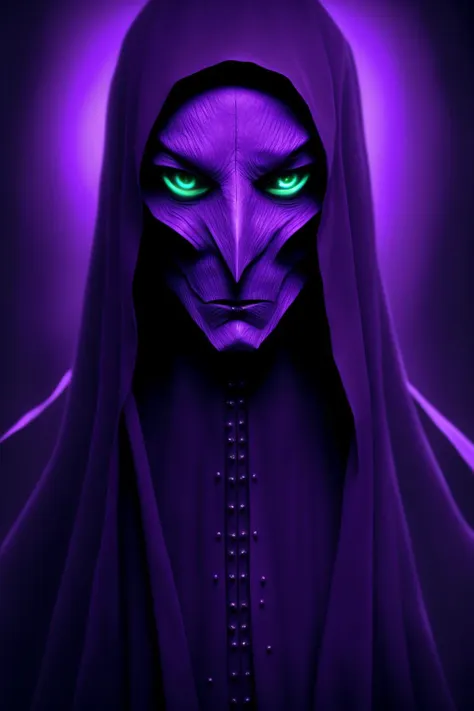 Dark priest with purple cover, face hidden, excpt the alien eyes.