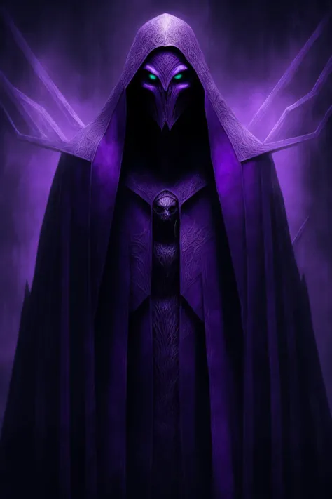 A mysterious character wearing a majestic purple cape, with a white mask adorned with minimalist purple details. The cape flows in the wind, creating a sense of movement. The background is dark and contrasting, with deep shadows that highlight the character's figure. They stand tall, exuding confidence and authority.