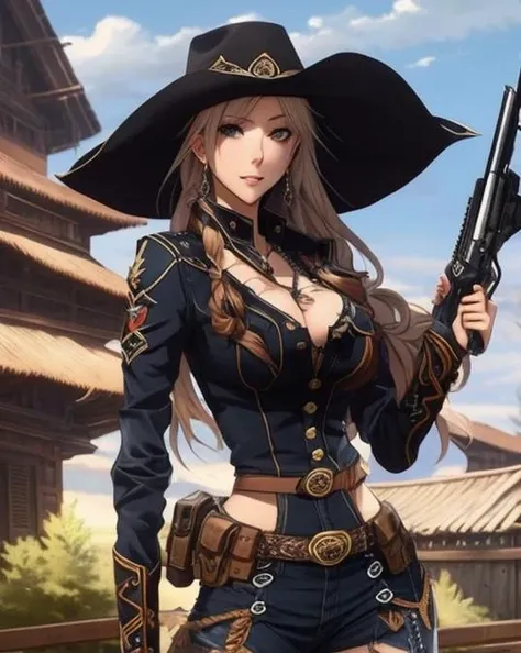 a woman wearing a cowboy hat and holding a gun, anime, anime style, 1girl, solo, hat, cowboy hat, gloves, blurry background, long hair, weapon, blurry, holding, shirt, braid, outdoors, cowboy shot, asymmetrical clothes, belt, looking at viewer<lyco:di.FFUSION.ai-tXe-FXAA:1.0>