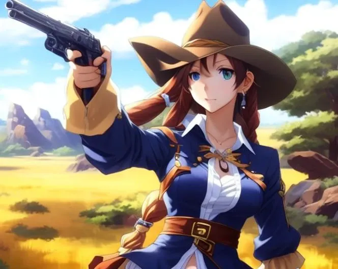 a woman wearing a cowboy hat and holding a gun, anime, anime style, 1girl, solo, hat, cowboy hat, gloves, blurry background, long hair, weapon, blurry, holding, shirt, braid, outdoors, cowboy shot, asymmetrical clothes, belt, looking at viewer