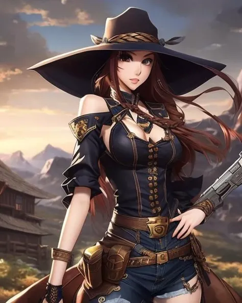 a woman wearing a cowboy hat and holding a gun, anime, anime style, 1girl, solo, hat, cowboy hat, gloves, blurry background, long hair, weapon, blurry, holding, shirt, braid, outdoors, cowboy shot, asymmetrical clothes, belt, looking at viewer<lyco:di.FFUSION.ai-tXe-FXAA:1.0>