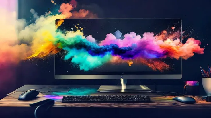 someone is using a computer keyboard with a colorful smoke cloud, colorful digital painting, digital art 4 k, digital art 4k, colorfull digital fantasy art, professional digital painting, epic digital painting, digital art render, digital painting style, high quality digital painting, an expressive digital painting, inspiring digital art, digital artwork 4 k, digital art 8k, paintbrush, solo, painting (action) the way art with art from (deviantart:1.4)