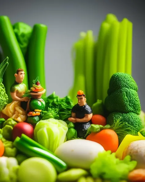 a couple of figurines sitting on top of a pile of green vegetables, miniature photography closeup, miniature photography, diorama macro photography, scale model photography, miniature world, super realistic food picture, amazing food illustration, tiny people devouring food, food art, culinary art photography, amazing food photography, celery man, 4k polymer clay food photography, made of food