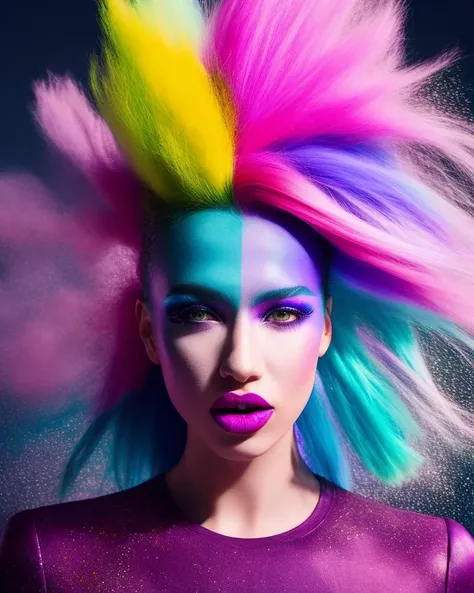 dramatic a explosion, 4k, inspired open pink Alberto solo, colored purple with photography, woman hair makeup, blue realistic powder, ultraviolet hair, by artistic colorful colorsmoke, color cloud explosive glamour, neon portrait professional 1girl, photograph Seveso, makeup mouth long and colors, 8k multicolored of rainbow lipstick, , solo, 1girl, multicolored hair, makeup, blue hair