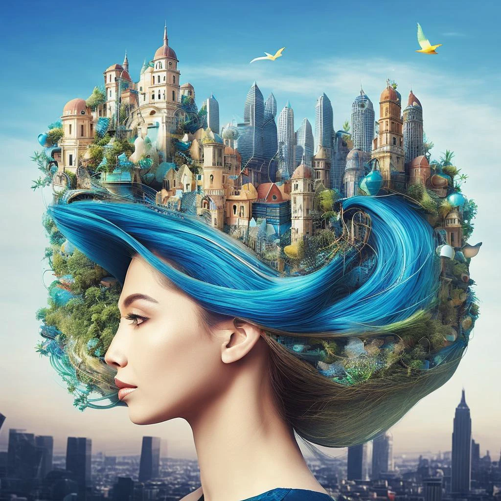 arafed woman with a city and birds in (her hair:1.42), elaborate digital art, beautiful digital artwork, surrealistic digital artwork, gorgeous digital art, stunning digital illustration, inspiring digital art, 4k highly detailed digital art, stunning digital art, intricate digital painting, intricate digital artwork, breathtaking digital art, 4k detailed digital art, stylized digital art, no humans, water, bird, fish, waves, building photography | 8K Hyper Real + Highly Realistic :: Intricate textures by Marc Simonetti, Matte Ink and Hyper Real -epic graphic layout rendered stunning atmosphere & vibrant vintage colours --test