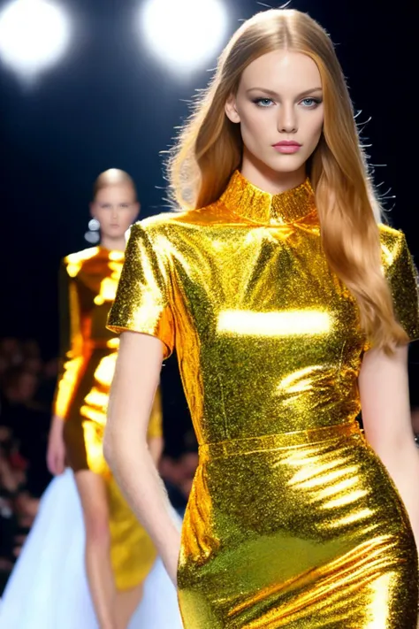 ((best quality)), ((masterpiece)),  , majestic intricately detailed BREAK,a picture of a parading beautiful ginger model, from below, she has long straight hair, beauty spots, (light freckles:0.9), she is wearing an intricate Versace dress background of a fashion show, runway, catwalk, <lora:xEpi:1>.