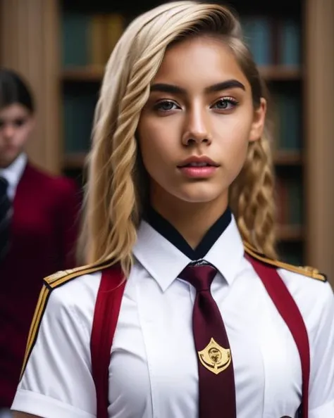 a background, portrait, blurry shirt, red closed shirt eyes, solo, necktie, sweater, chest hogwarts sweater lips, with white brown star woman hair uniform, on at hair, nose, realistic, maroon tie tie, blonde gold school 1girl, collared blurry, looking viewer, mouth long and wearing it's, 1girl, school uniform, looking at viewer, long hair, blonde hair, shirt, hogwarts school uniform, collared shirt, brown eyes, lips, red necktie, white shirt<lyco:di.FFUSION.ai-tXe-FXAA:1.0>