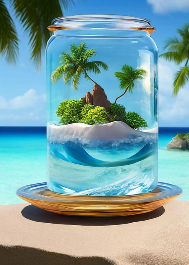 A dreamscape contained within a jar captivates with its surreal water art. The fantasy desert crystal island, shimmering with coral and palm trees, comes to life through Photoshop manipulation. Water flows abundantly inside the terrarium, creating a captivating spectacle. The 3D illustration, characterized by a grainy aesthetic, invites viewers to explore this enchanting realm. The absence of human presence allows the tree, palm tree, fish, and other elements to take center stage. Against a backdrop of clouds, sky, and ocean, the glass jar encapsulates a surreal universe where even starfish and seashells find their place.